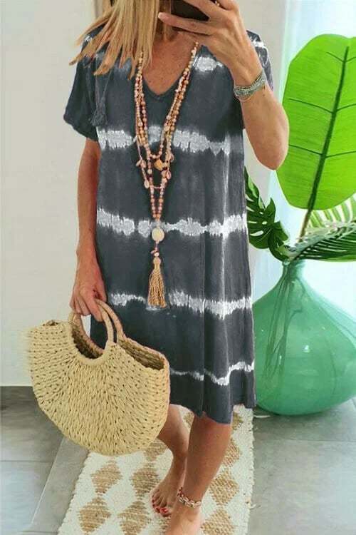 🔥Tie-dye Striped Short-sleeved Loose T-shirt Dress-POIULTD