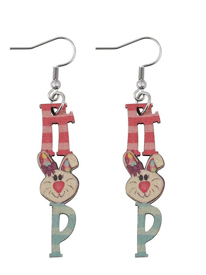 Easter Cartoon Cute Bunny Letters Double Sided Wooden Earrings-POIULTD