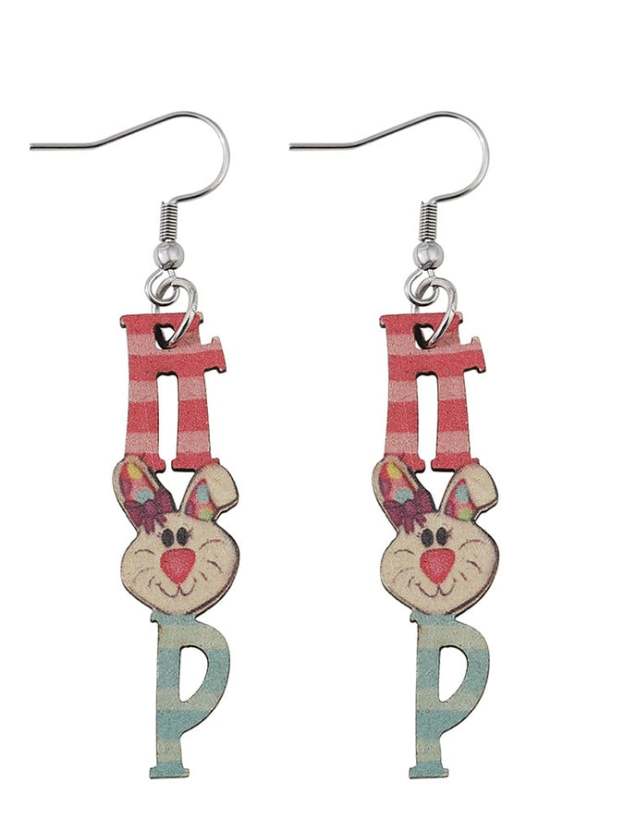 Easter Cartoon Cute Bunny Letters Double Sided Wooden Earrings-POIULTD