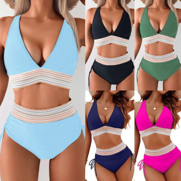 2024 High Waisted Tummy Control Color Block Bikini Sets-POIULTD