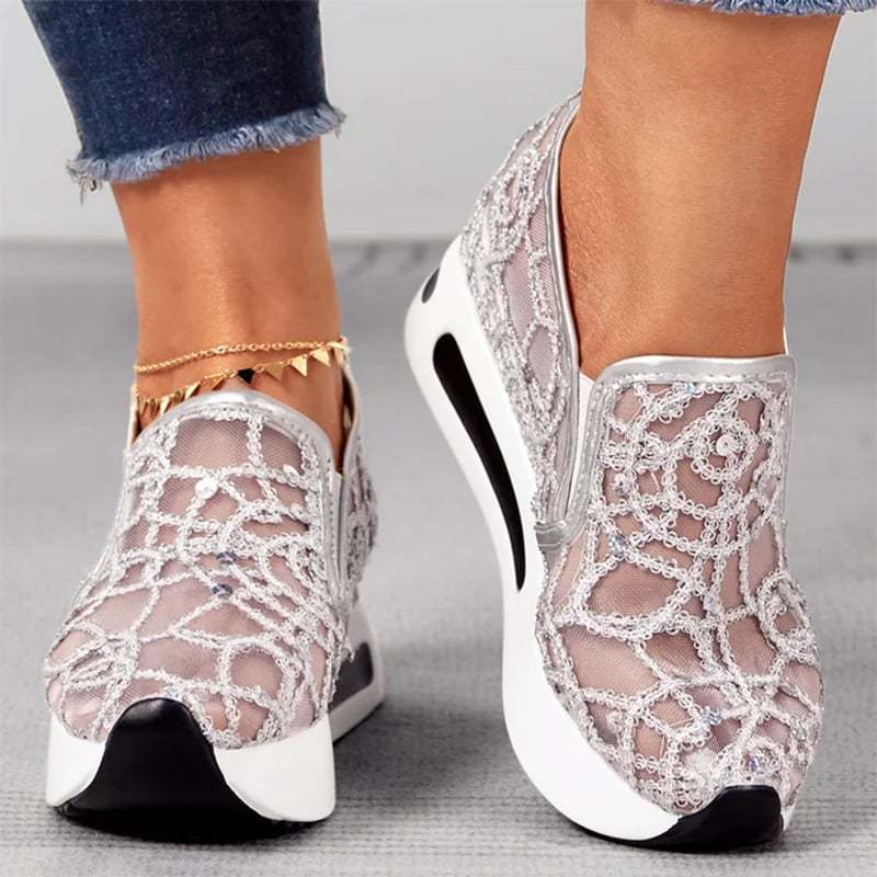 Casual Lace Mesh High Heel Loafers-POIULTD