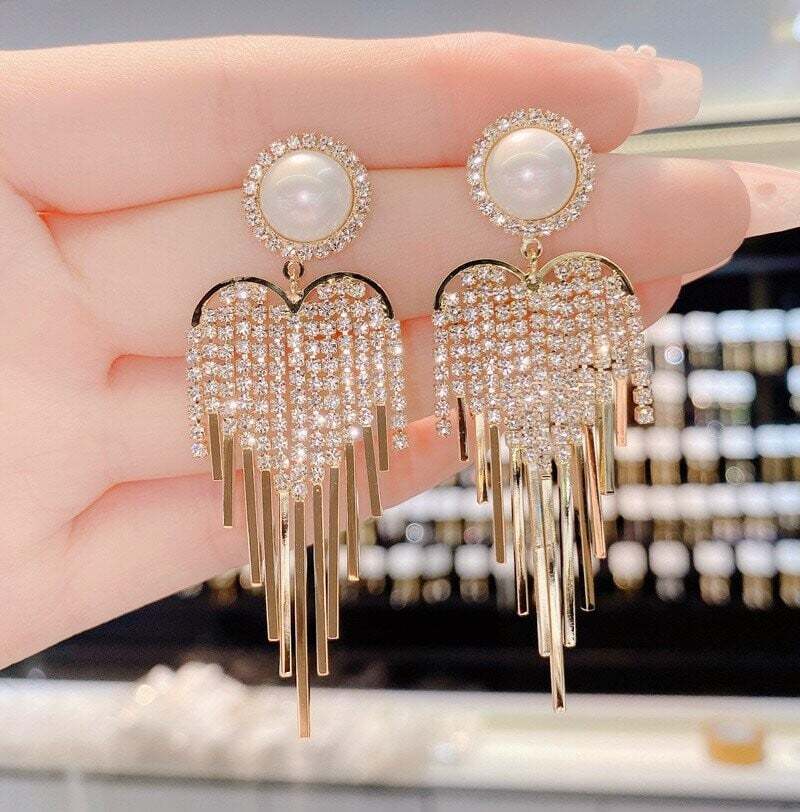Pearl full diamond tassel earrings-POIULTD
