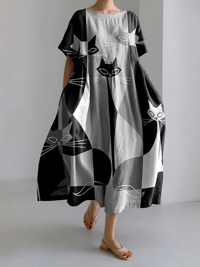 Women's Retro Cats Print Short Sleeve Midi Dress-POIULTD