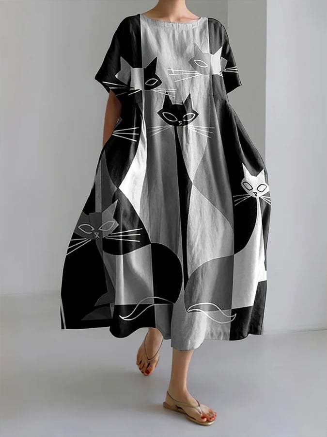 Women's Retro Cats Print Short Sleeve Midi Dress-POIULTD