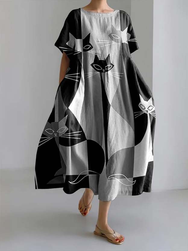 Women's Retro Cats Print Short Sleeve Midi Dress-POIULTD