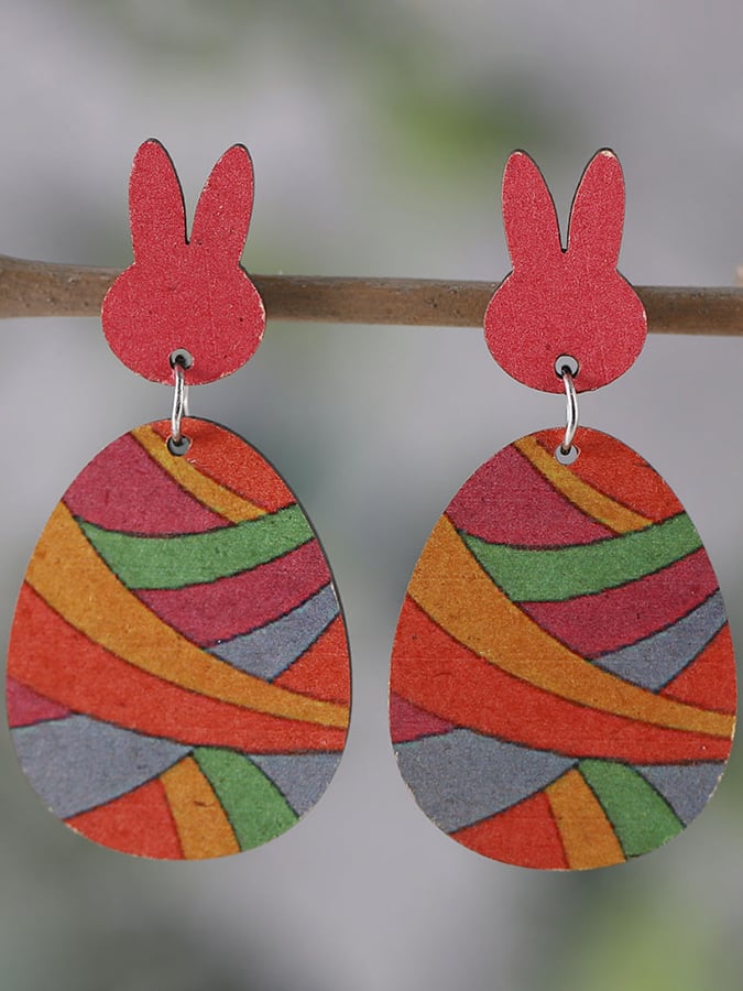 Easter Colorful Bunny Patchwork Double-Sided Wooden Earrings-POIULTD