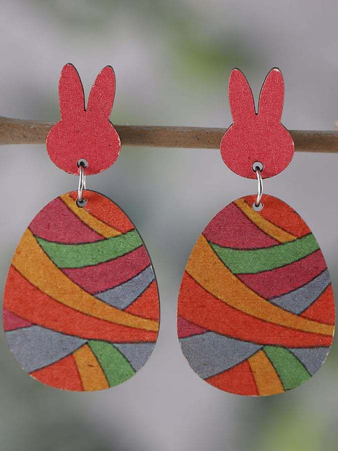 Easter Colorful Bunny Patchwork Double-Sided Wooden Earrings-POIULTD