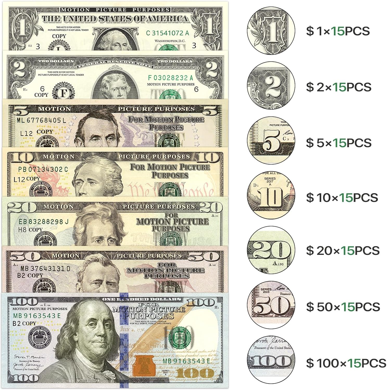 105-Piece Fake Money Prop Money Play Money Set for Movie Props, Photography, Educational Play, Magic Tricks.-POIULTD