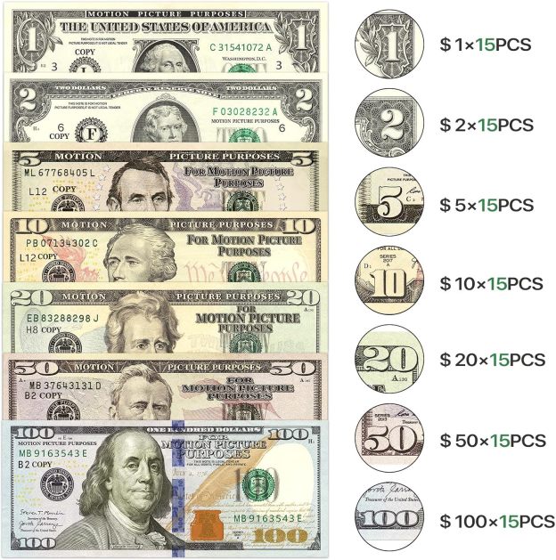105-Piece Fake Money Prop Money Play Money Set for Movie Props, Photography, Educational Play, Magic Tricks.-POIULTD
