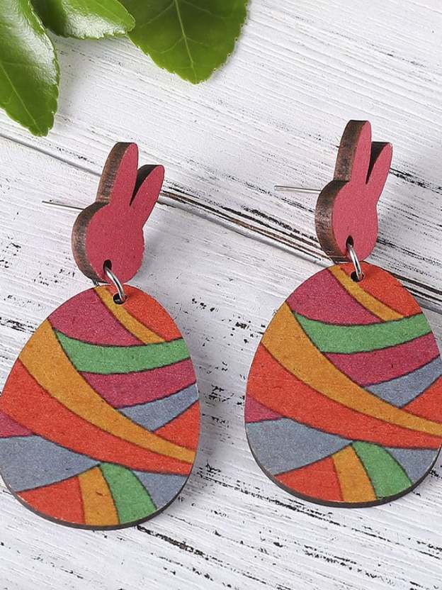Easter Colorful Bunny Patchwork Double-Sided Wooden Earrings-POIULTD