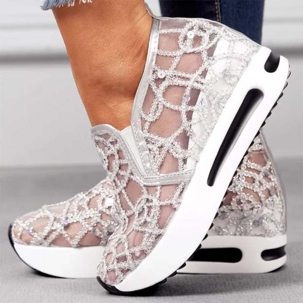 Casual Lace Mesh High Heel Loafers-POIULTD