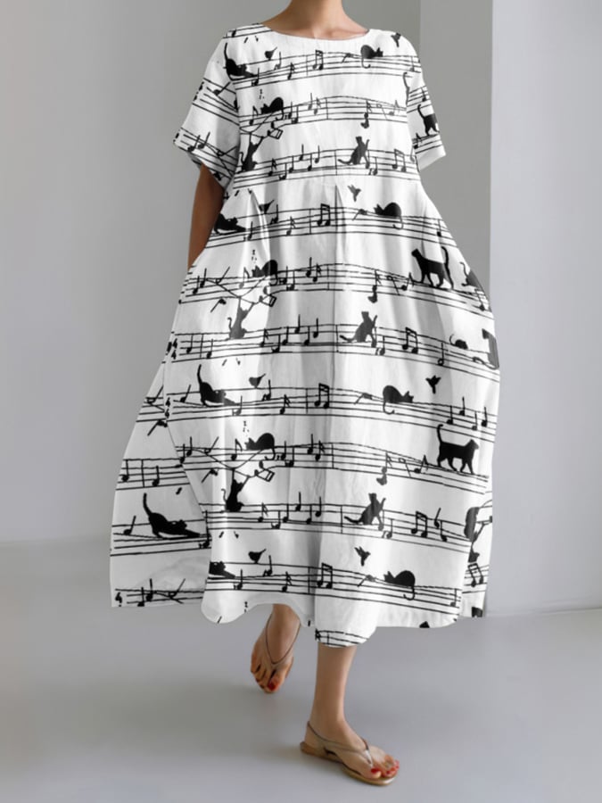 Women's Abstract Cat On Sheet Music Print Short Sleeve Midi Dress-POIULTD
