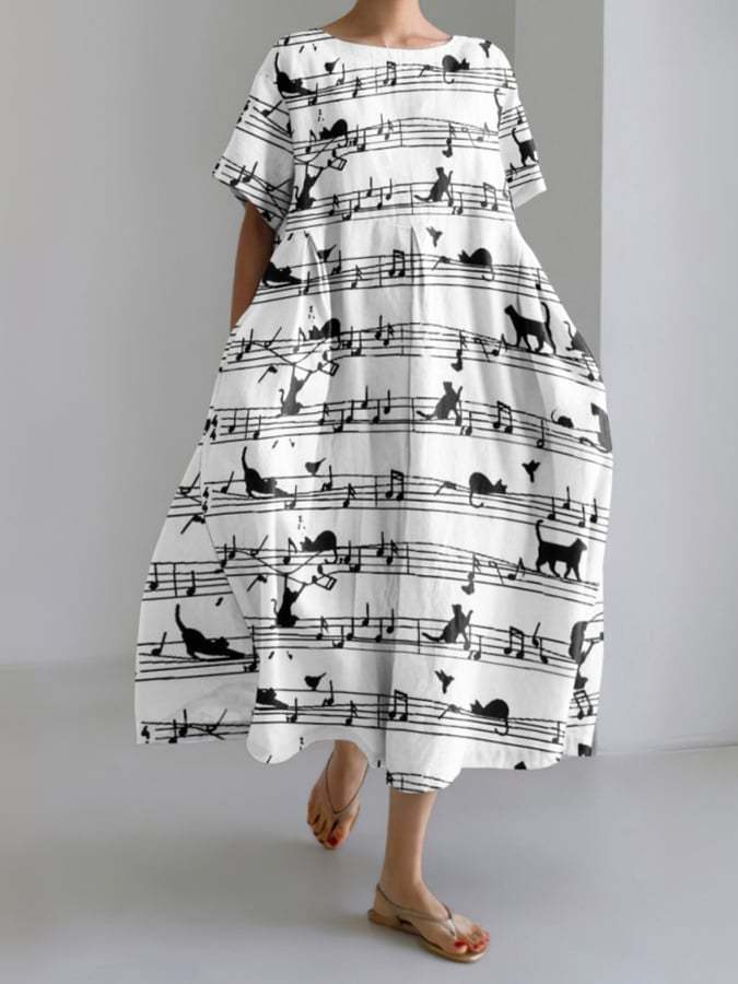 Women's Abstract Cat On Sheet Music Print Short Sleeve Midi Dress-POIULTD