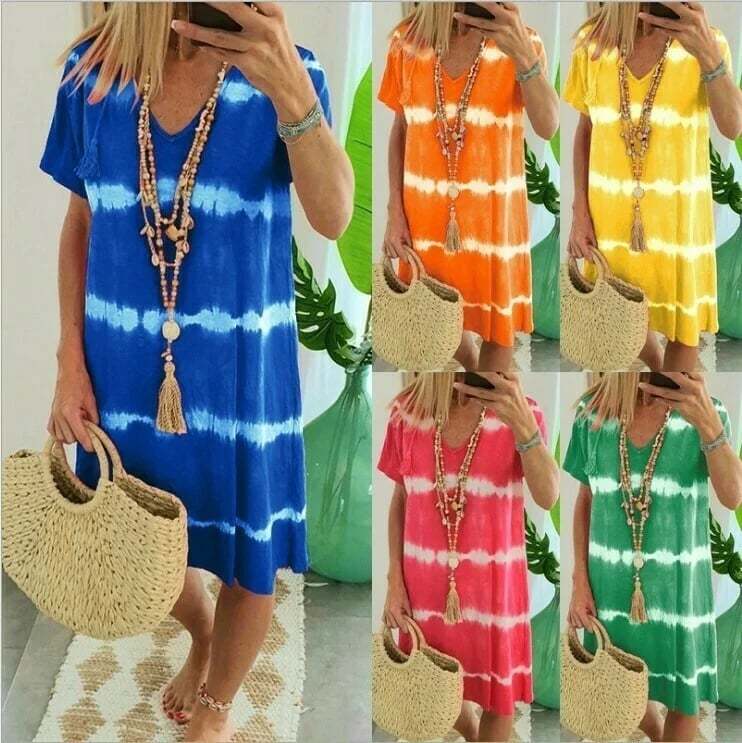 🔥Tie-dye Striped Short-sleeved Loose T-shirt Dress-POIULTD