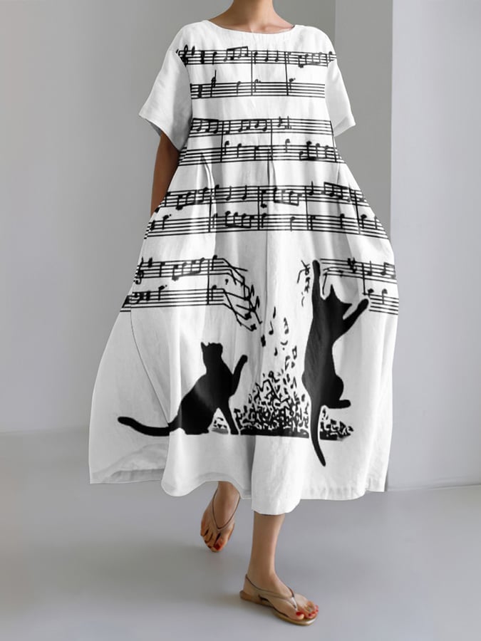 Women's Abstract Cat Playing On Sheet Music Print Short Sleeve Midi Dress-POIULTD