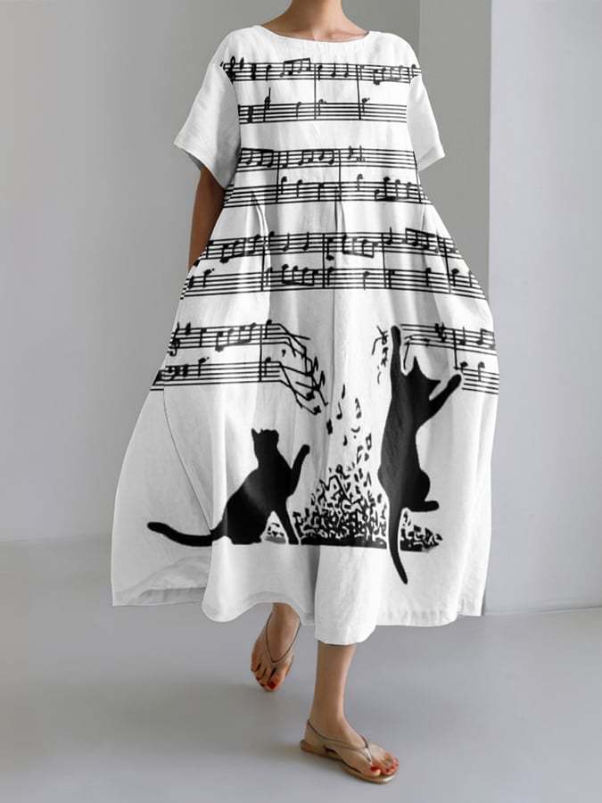 Women's Abstract Cat Playing On Sheet Music Print Short Sleeve Midi Dress-POIULTD