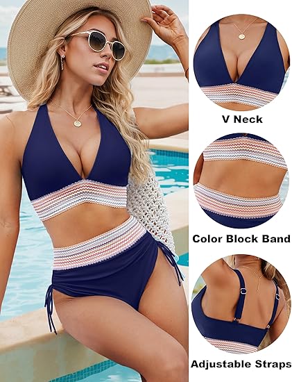 2024 High Waisted Tummy Control Color Block Bikini Sets-POIULTD