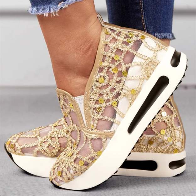 Casual Lace Mesh High Heel Loafers-POIULTD