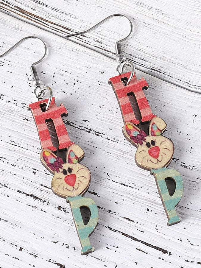 Easter Cartoon Cute Bunny Letters Double Sided Wooden Earrings-POIULTD