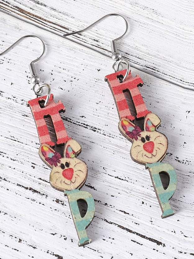 Easter Cartoon Cute Bunny Letters Double Sided Wooden Earrings-POIULTD