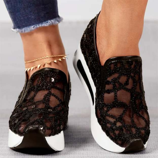 Casual Lace Mesh High Heel Loafers-POIULTD