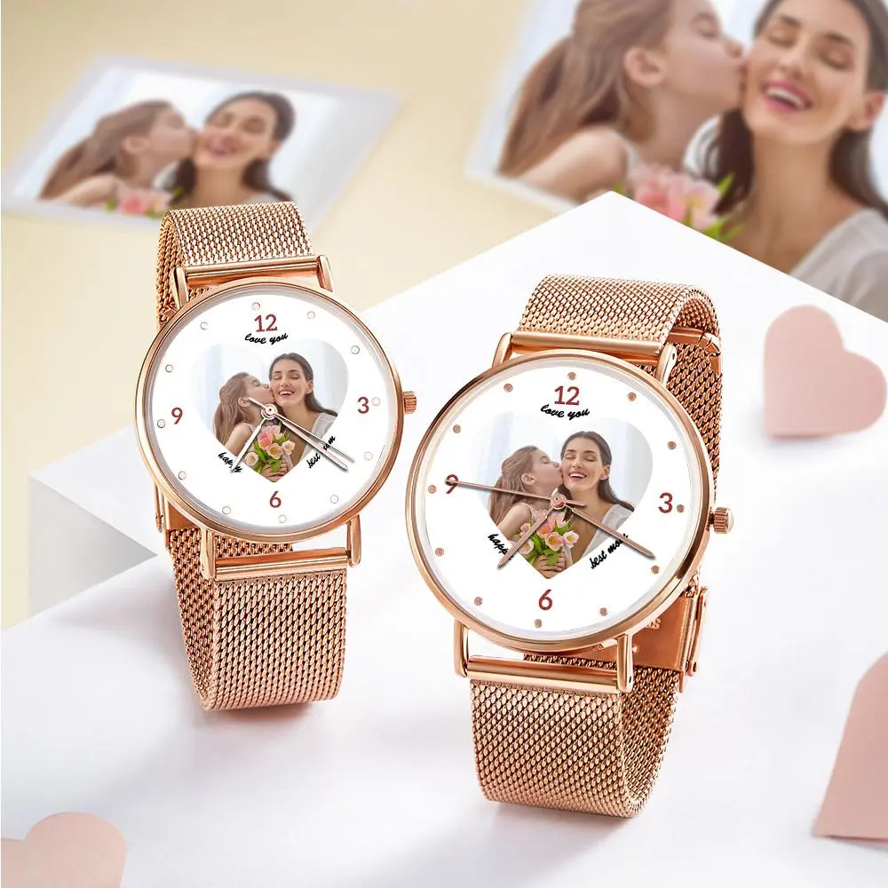 Engraved Rose Gold Alloy Bracelet Photo Watch 36mm Gifts for Mom-POIULTD