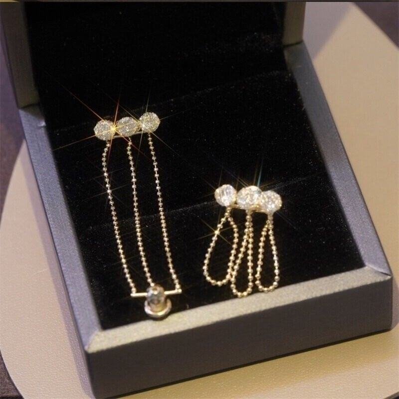 Metal mesh zircon chain tassel earrings-POIULTD