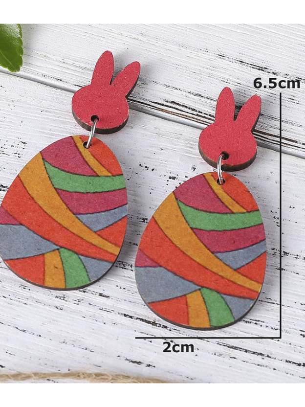 Easter Colorful Bunny Patchwork Double-Sided Wooden Earrings-POIULTD