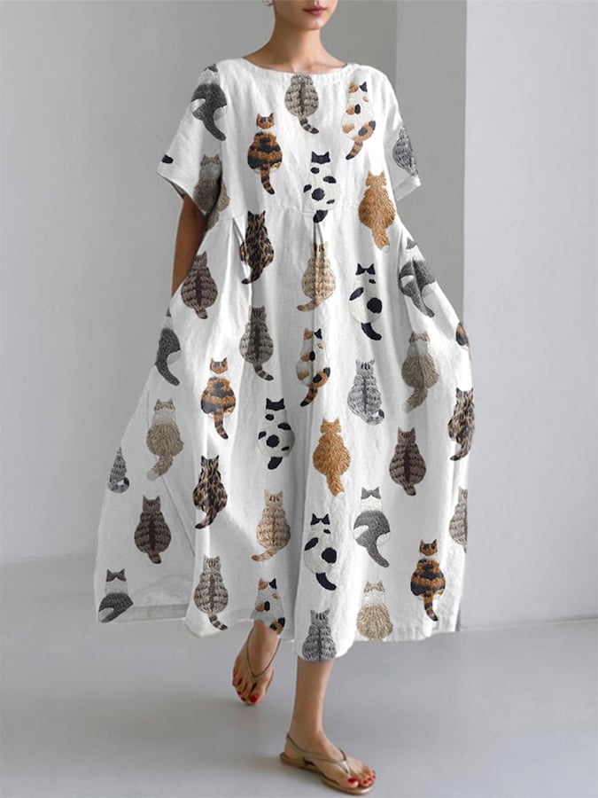 Women's Cute Cats Embroidery Print Short Sleeve Midi Dress-POIULTD