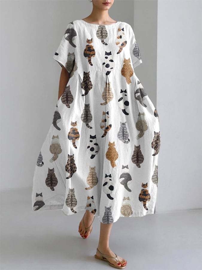Women's Cute Cats Embroidery Print Short Sleeve Midi Dress-POIULTD