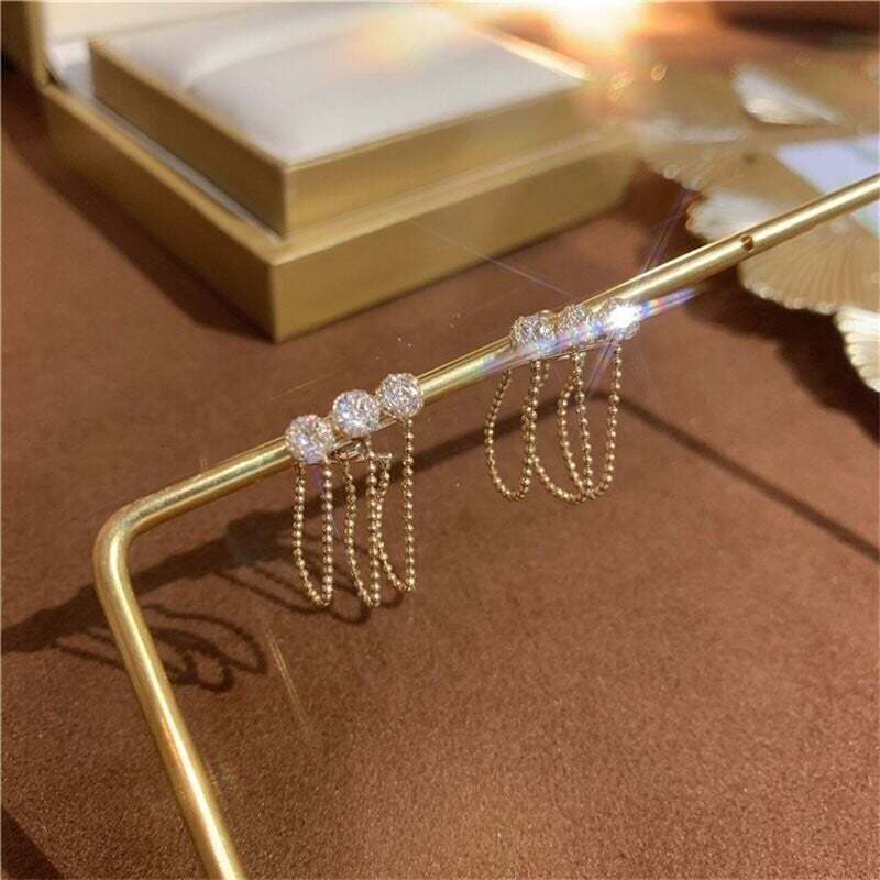 Metal mesh zircon chain tassel earrings-POIULTD