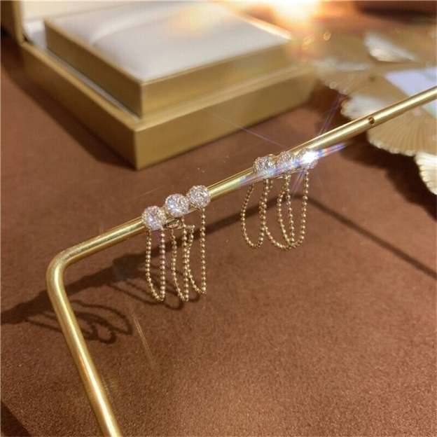 Metal mesh zircon chain tassel earrings-POIULTD