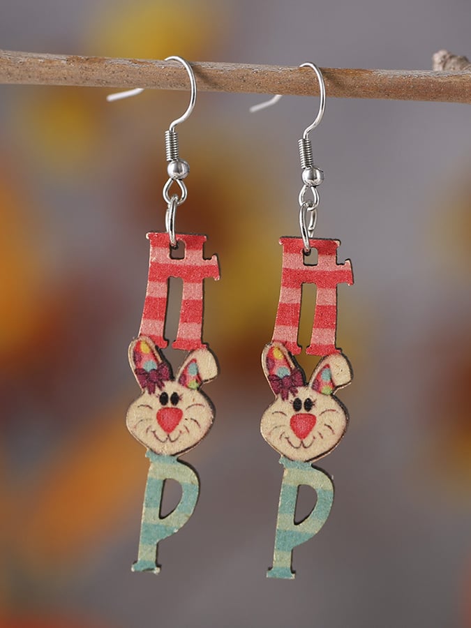 Easter Cartoon Cute Bunny Letters Double Sided Wooden Earrings-POIULTD