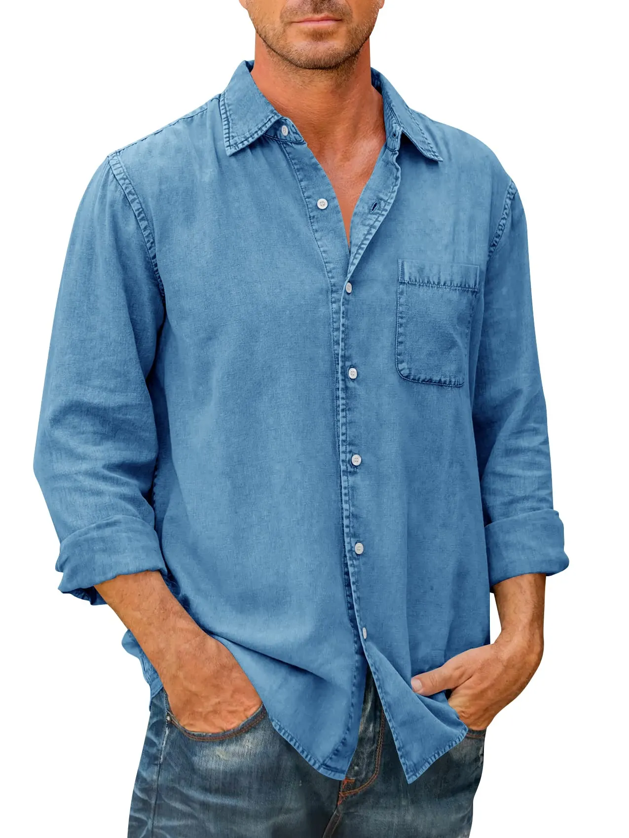 💥LAST DAY 49% OFF💥-Mens Denim Long Sleeve Button Down Shirt