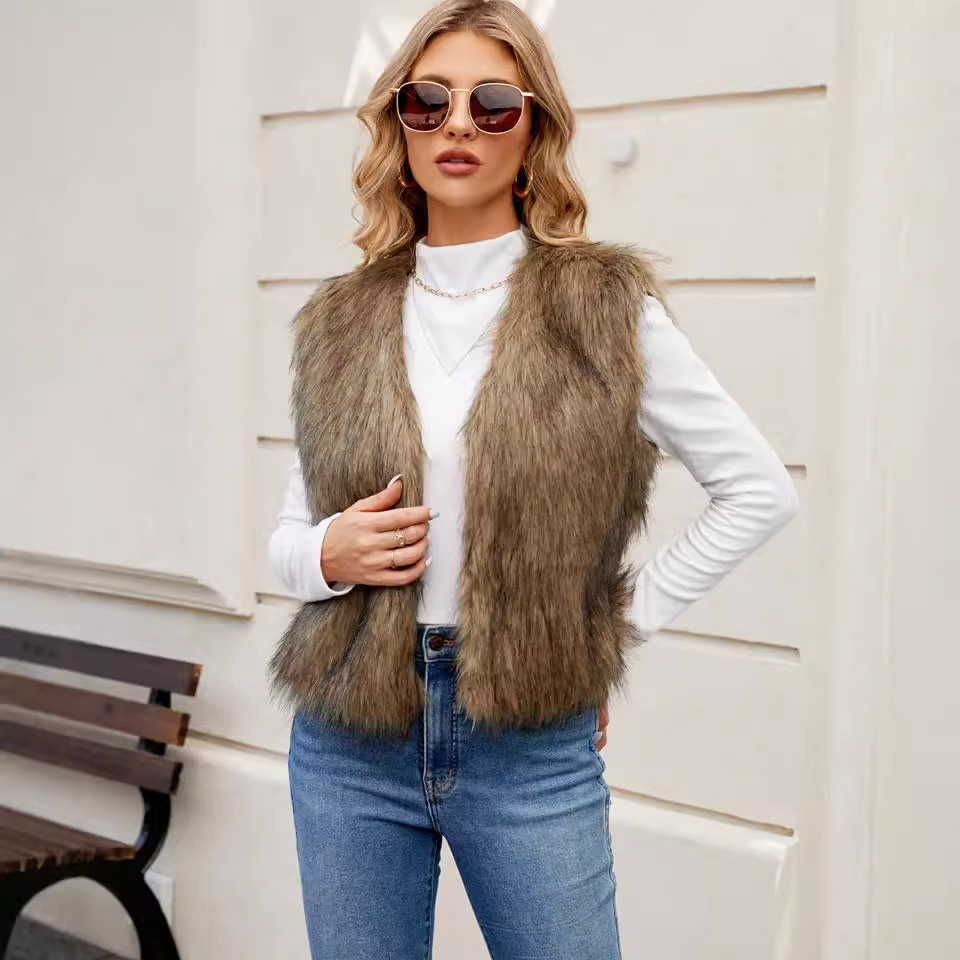 F0598 European and American Export V Neck Short Women's Imitation Fur Outwear Vest Top Artificial Fur Vest New Product