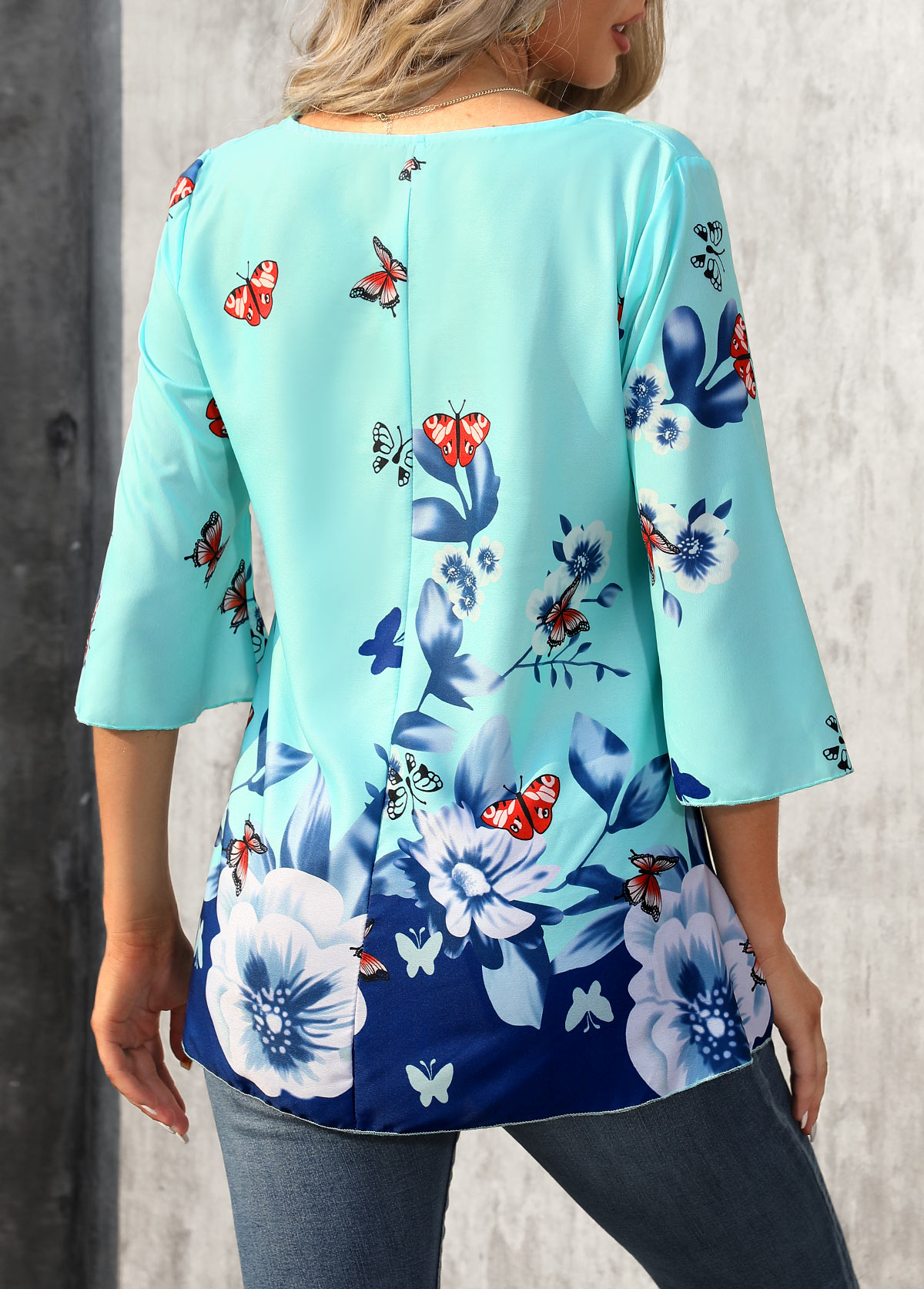 Butterfly Print Cyan V Neck T Shirt