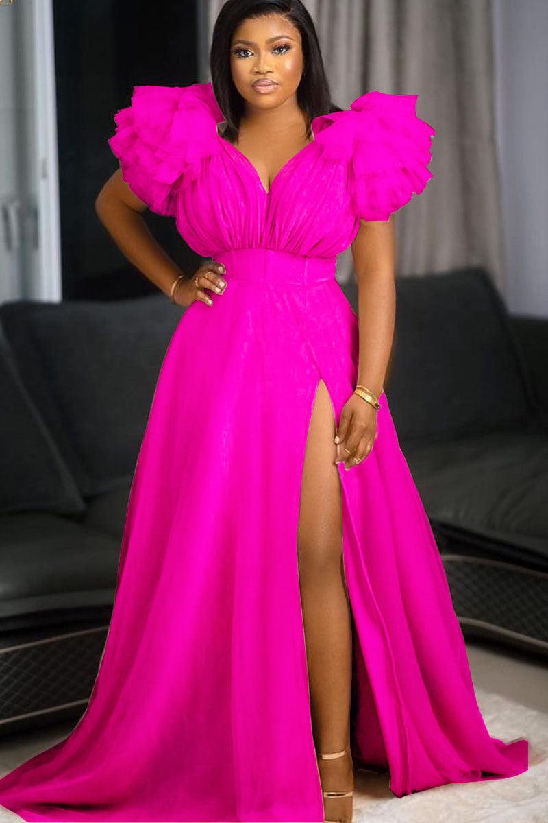 Xpluswear Plus Size Formal Pink Split Joint V Neck Tulle Ruffle Trailing Maxi Dress