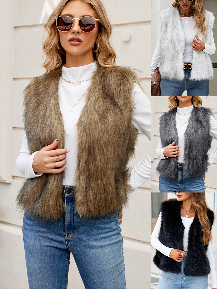 F0598 European and American Export V Neck Short Women's Imitation Fur Outwear Vest Top Artificial Fur Vest New Product