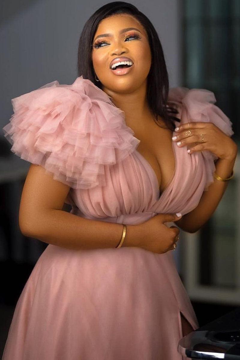 Xpluswear Plus Size Formal Pink Split Joint V Neck Tulle Ruffle Trailing Maxi Dress