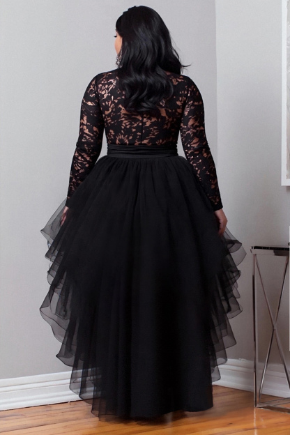 Xpluswear Design Plus Size Cocktail Party Black Round Neck Long Sleeve High Low Hem Elegant Ruffle Tulle Lace Mini Dresses
