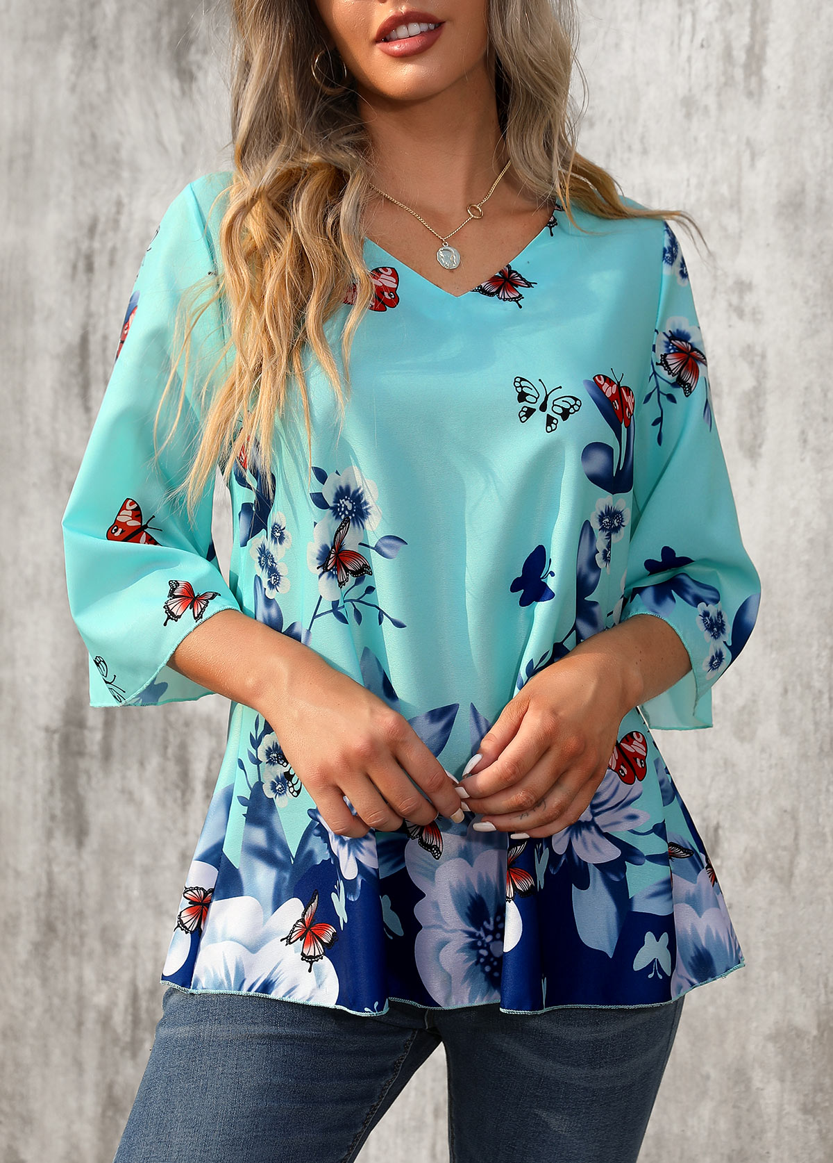 Butterfly Print Cyan V Neck T Shirt