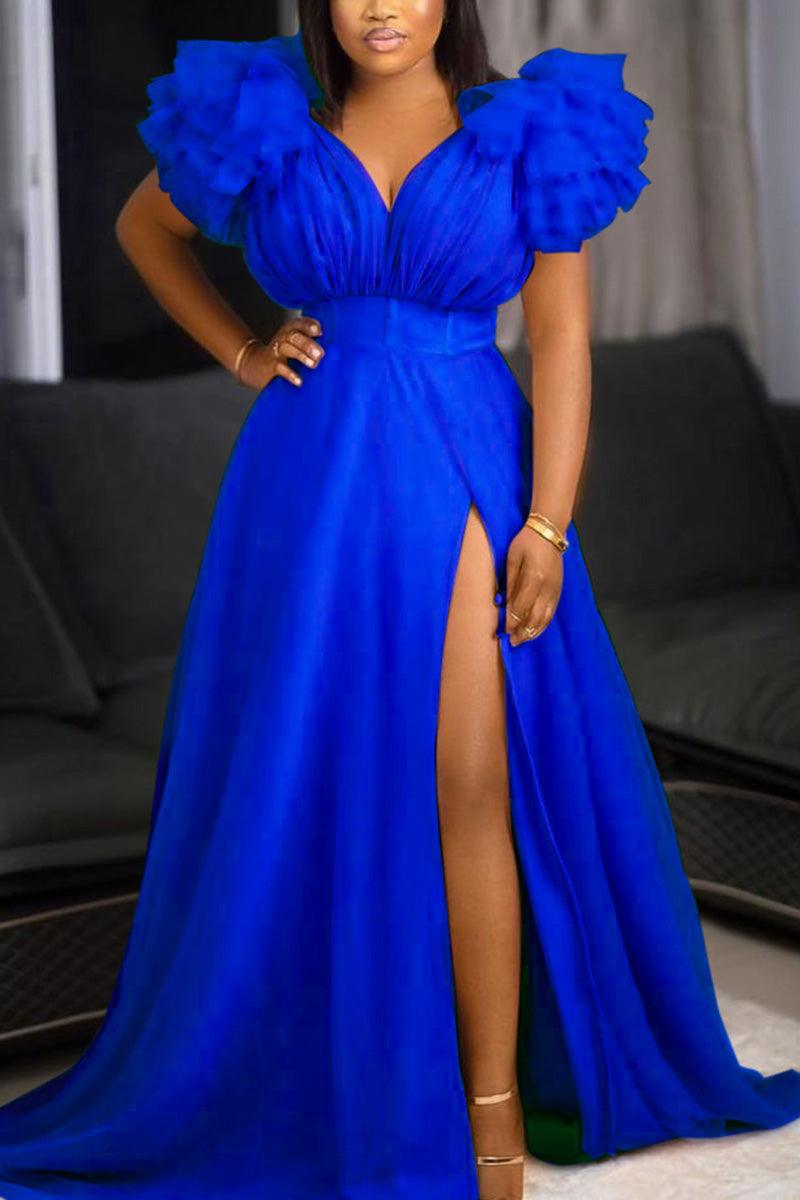 Xpluswear Plus Size Formal Pink Split Joint V Neck Tulle Ruffle Trailing Maxi Dress