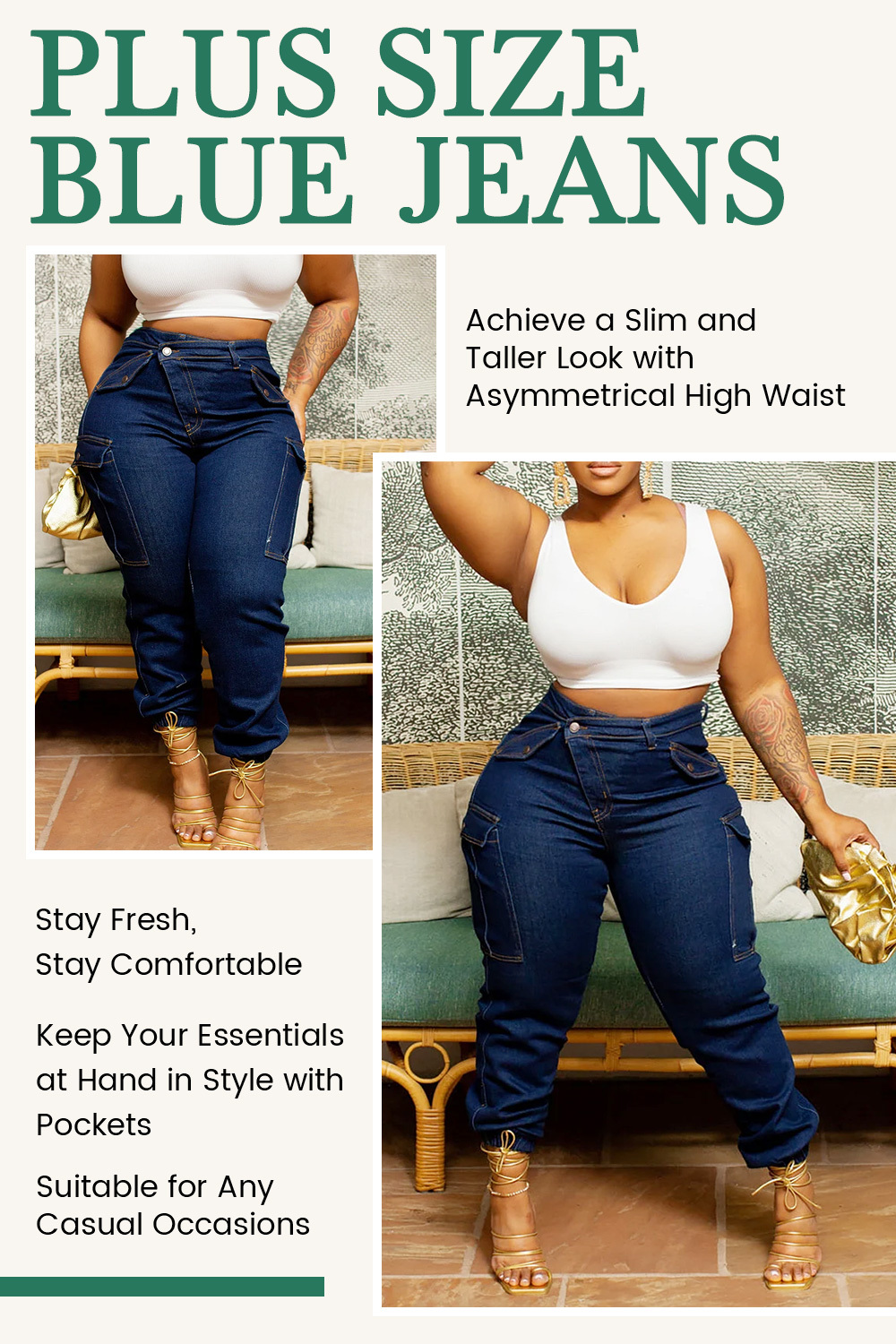 Plus Size Blue Daily Denim Asymmetric Waist With Pocket Cargo Jeans