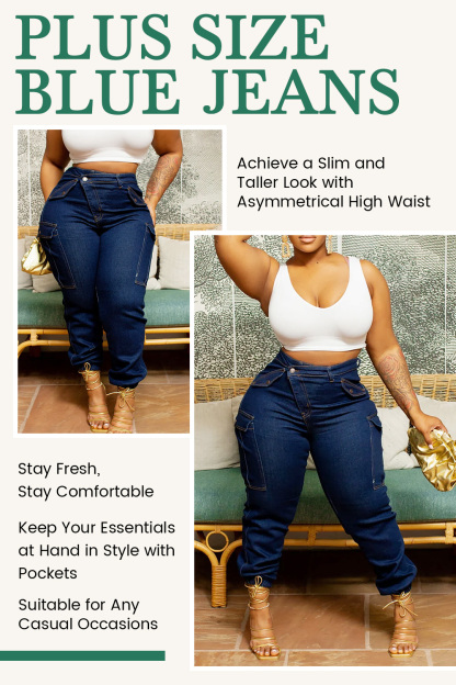 Plus Size Blue Daily Denim Asymmetric Waist With Pocket Cargo Jeans