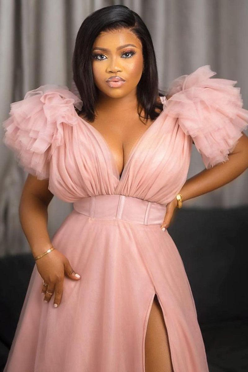 Xpluswear Plus Size Formal Pink Split Joint V Neck Tulle Ruffle Trailing Maxi Dress