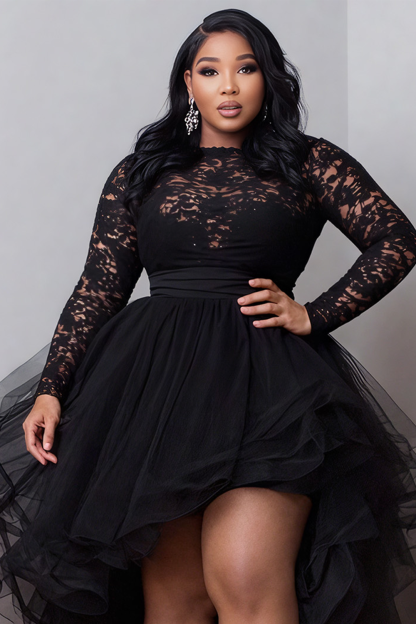 Xpluswear Design Plus Size Cocktail Party Black Round Neck Long Sleeve High Low Hem Elegant Ruffle Tulle Lace Mini Dresses