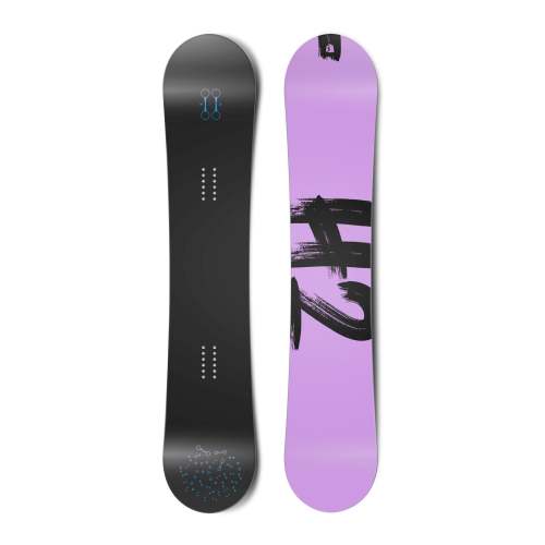 Top and bottom view of a snowboard. The top view shows stylized hydrogen bonds and the bottom view shows "H2" in a brush script typeface.