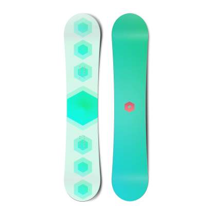 Top and bottom view of a snowboard. The top view shows 7 stacked hexagons and the bottom view
          shows a small, centred hexagonal logo for Hydrogen.