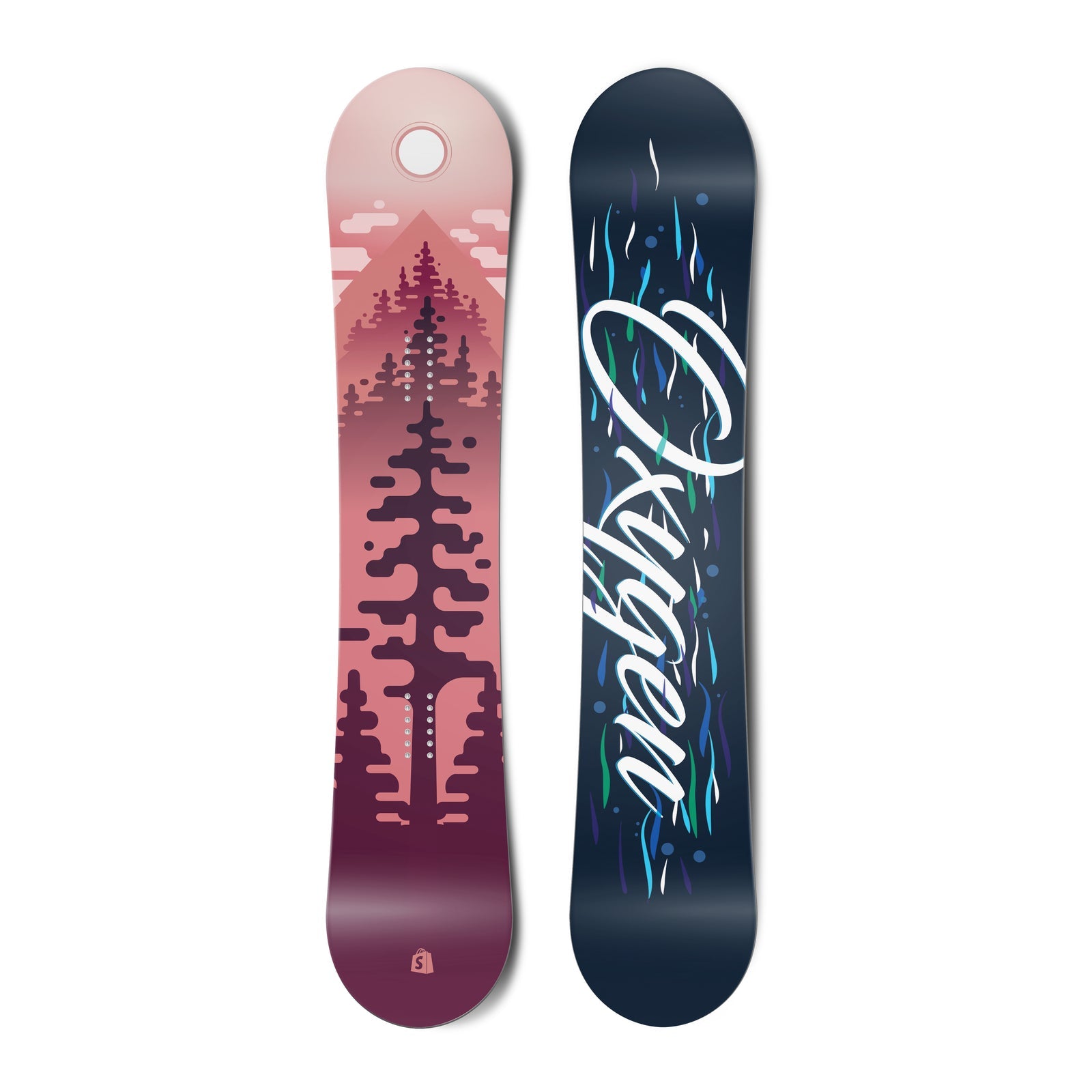 Top and bottom view of a snowboard. The top view shows a stylized scene of trees, mountains, sky and a sun in red colours. The bottom view has blue wavy lines in the background with the text "Oxygen" in a stylized script typeface.