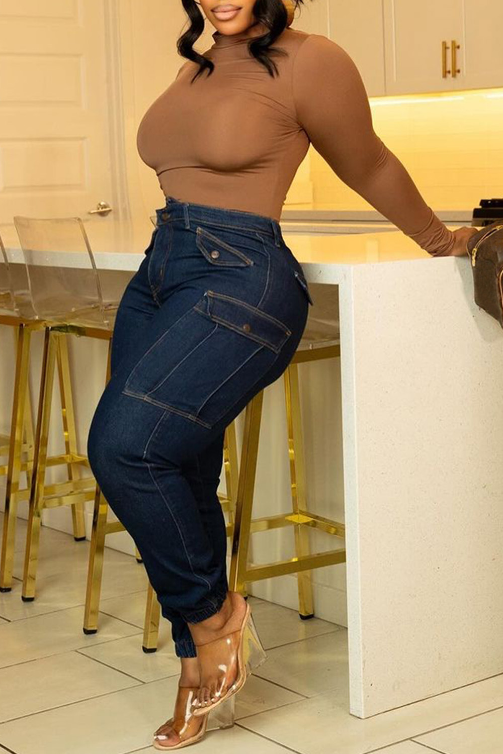 Plus Size Blue Daily Denim Asymmetric Waist With Pocket Cargo Jeans